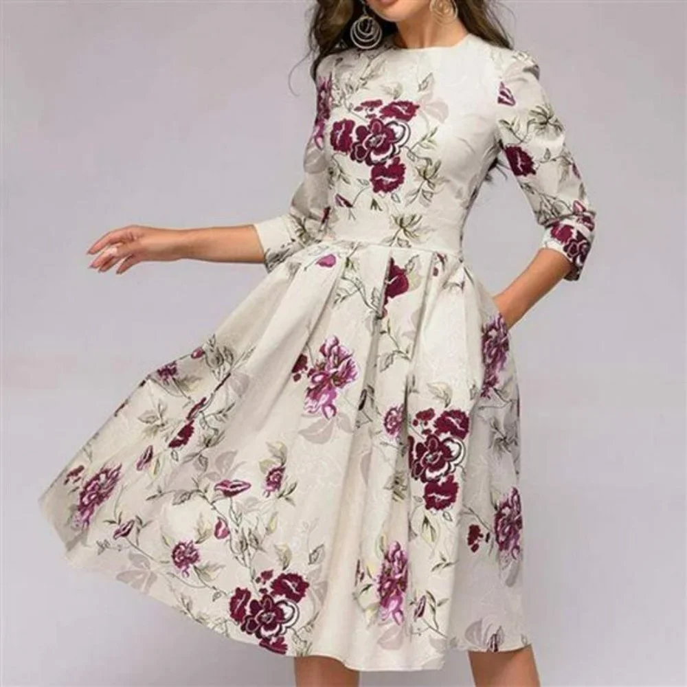 Women's Floral Vintage Dress Elegant Midi Evening Dress 3/4 Sleeves